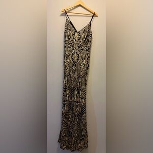 Lulus Black & Gold Sequin Beaded Maxi Dress | Size L | Glam Evening Gown